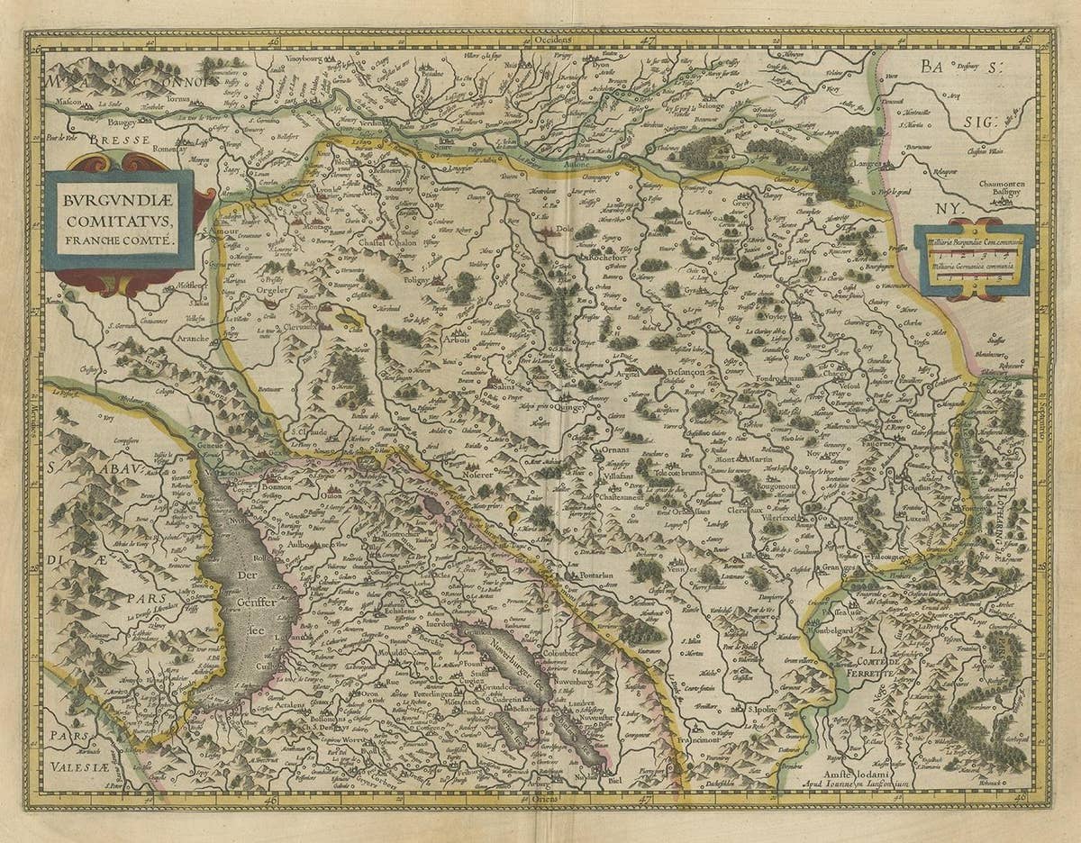 Antique Map of the Region of Franche-Comté by Janssonius, circa 1650