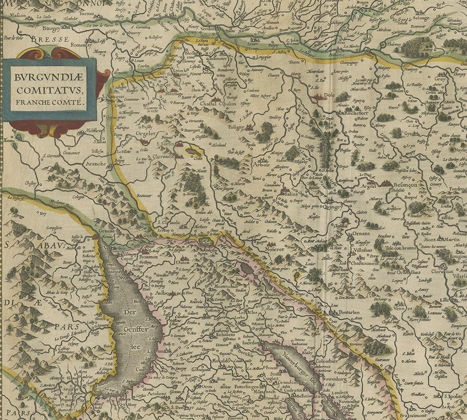 Antique Map of the Region of Franche-Comté by Janssonius, circa 1650 In Good Condition For Sale In Langweer, NL