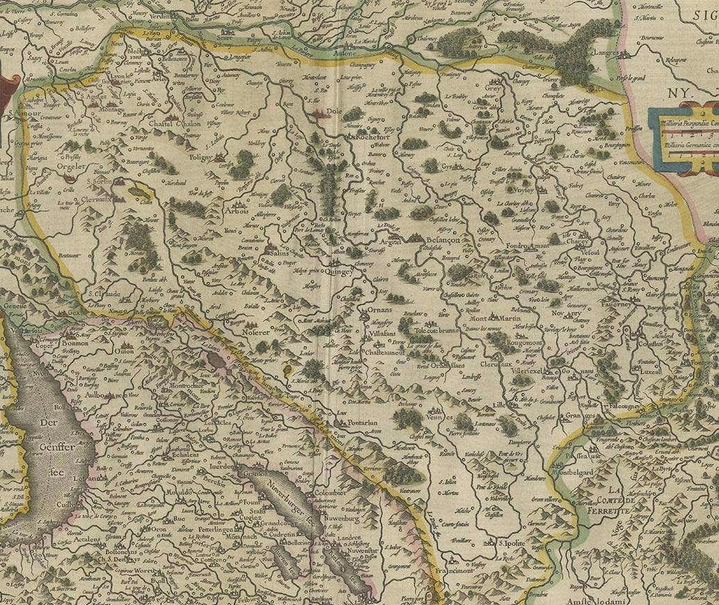 Antique Map of the Region of Franche-Comté by Janssonius, circa 1650