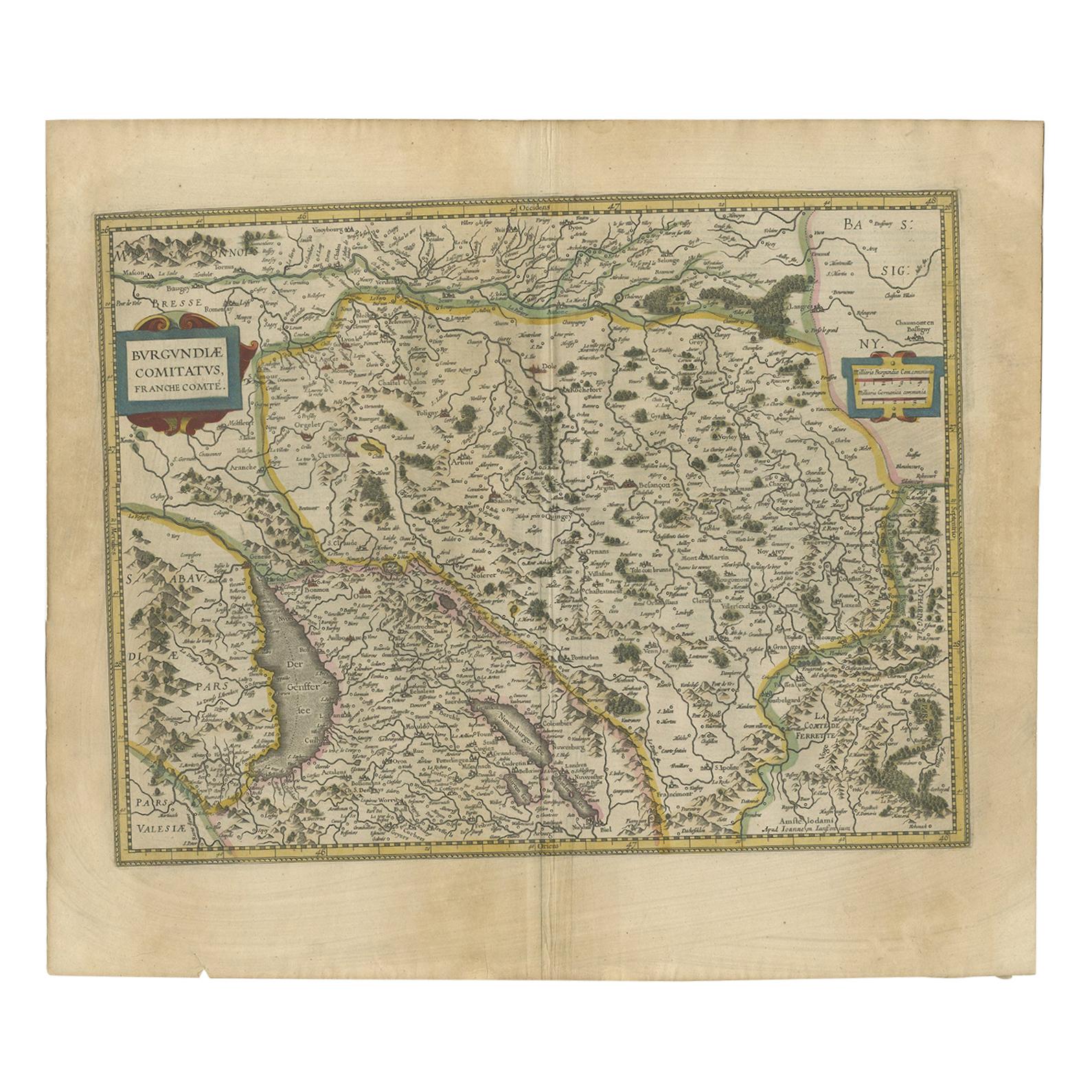 Antique Map of the Region of Franche-Comté by Janssonius, circa 1650 For Sale