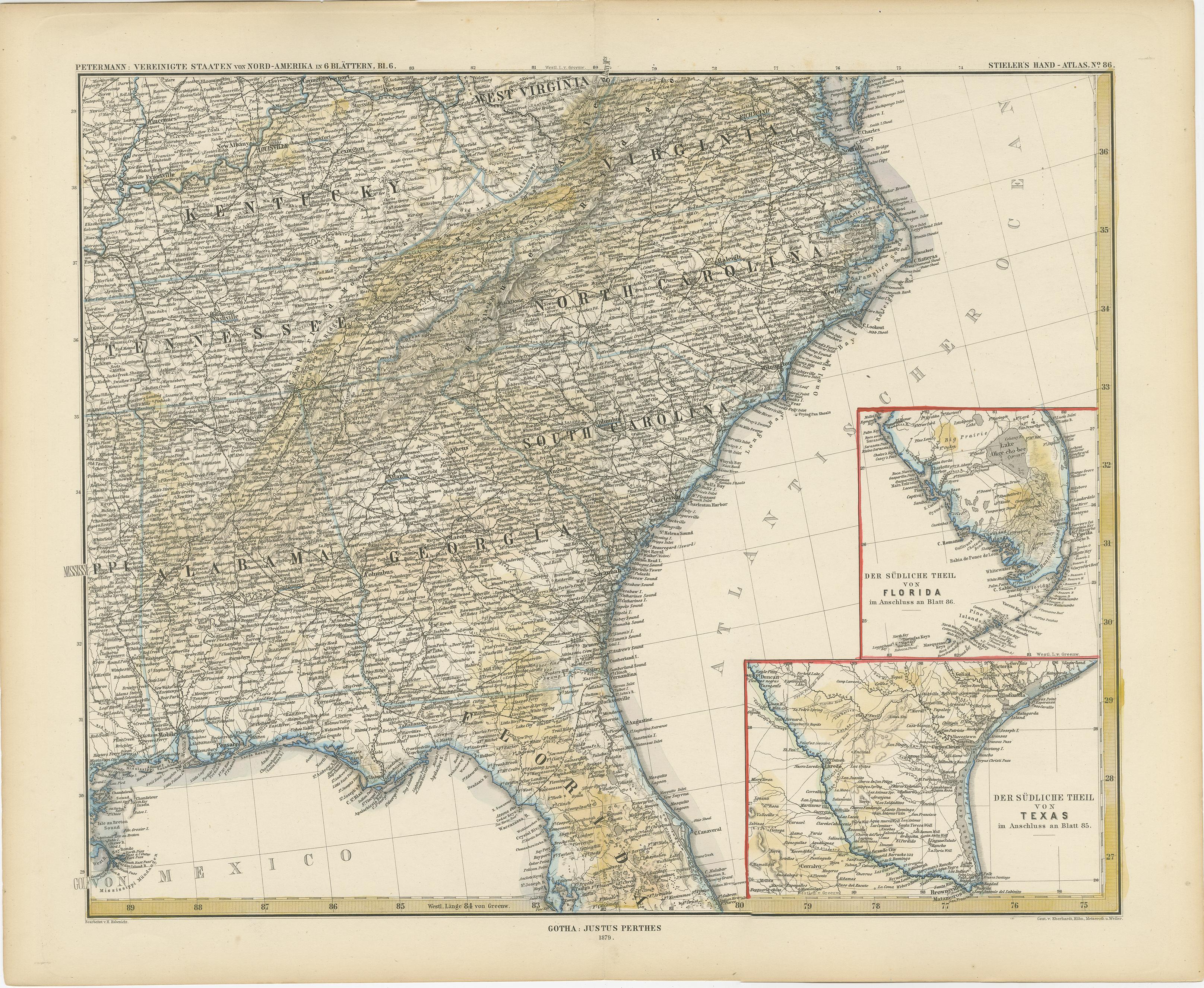 Carte ancienne d'une partie des États-Unis montrant l'Alabama, la Géorgie, la Caroline du Nord, la Caroline du Sud, le Tennessee, le Kentucky, la Virginie et une partie de la Floride. Avec des cartes en médaillon de la partie sud de la Floride et de