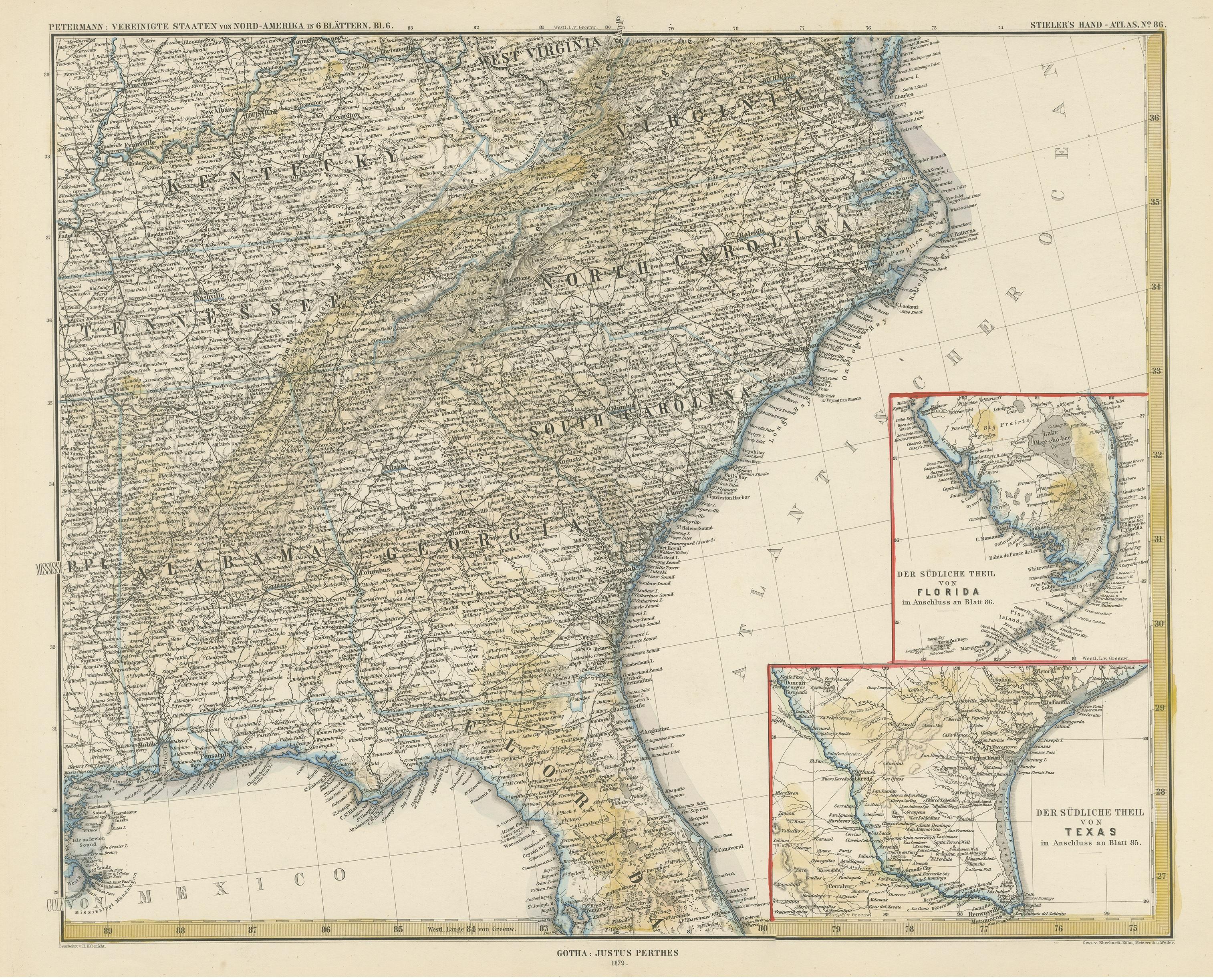 Carte ancienne de la rgion de Gorgie avec des cartes encastres de la Floride et du Texas Bon état - En vente à Langweer, NL