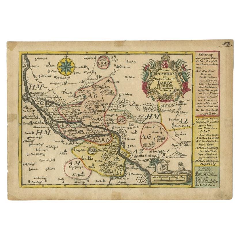 Carte ancienne de la région de Gommern en Allemagne, 1749 en vente