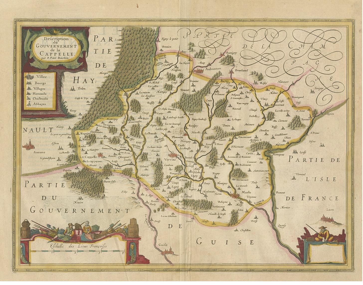 Antique map titled 'Description du Gouvernement de la Cappelle'. Old map of the region of Hauts-de-France including the cities of Vervins, Marle, Cappelle and others. This map originates from a composite atlas and most likely published by Hondius.