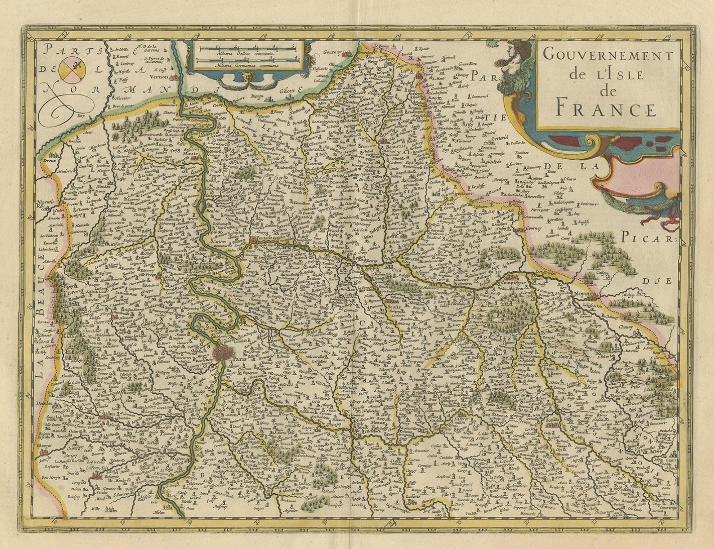Antique map titled Gouvernement de l'Isle de France'. Old map of the region of Île-de-France, France. It is located in the north-central part of the country and often called the région parisienne (