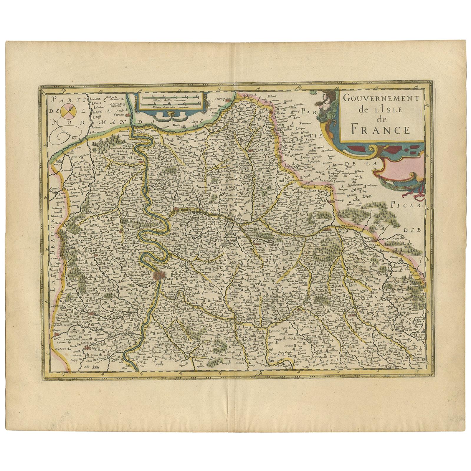 Antike Karte der Region Île-de-France von Hondius, um 1630