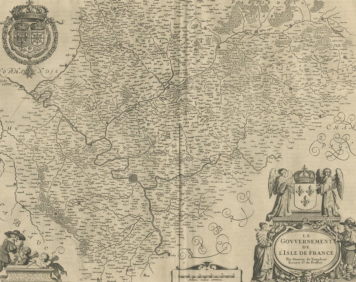 Antique map of France titled 'Le Gouvernement de L'Isle de France'. Paris is represented by a miniature plan of the city, making it distinct from the other towns of the region which are represented in a more stylized fashion. Surmounted with the