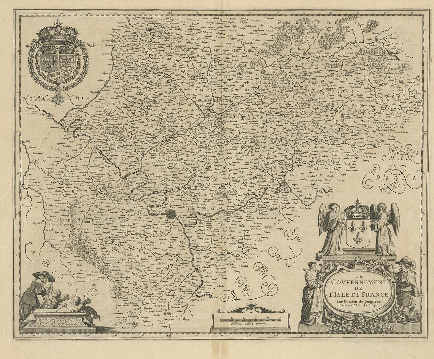 Antique map of France titled 'Le Gouvernement de L'Isle de France'. Paris is represented by a miniature plan of the city, making it distinct from the other towns of the region which are represented in a more stylized fashion. Surmounted with the