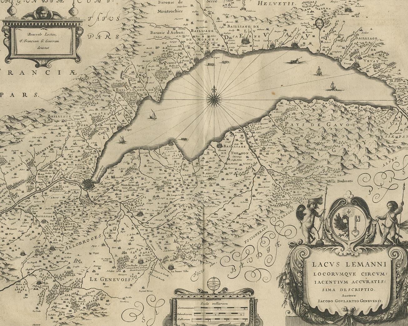 Antique map 'Lacus Lemannilocorumque circum iacentium accuratissima descriptio'. Decorative map of Lake Geneva. This map originates from 'Atlas Novus, Sive Theatrum Orbis Orbis Terrarum: In quo Galliae, Helvetiae (..)' by J. Janssonius (1656-1657).
