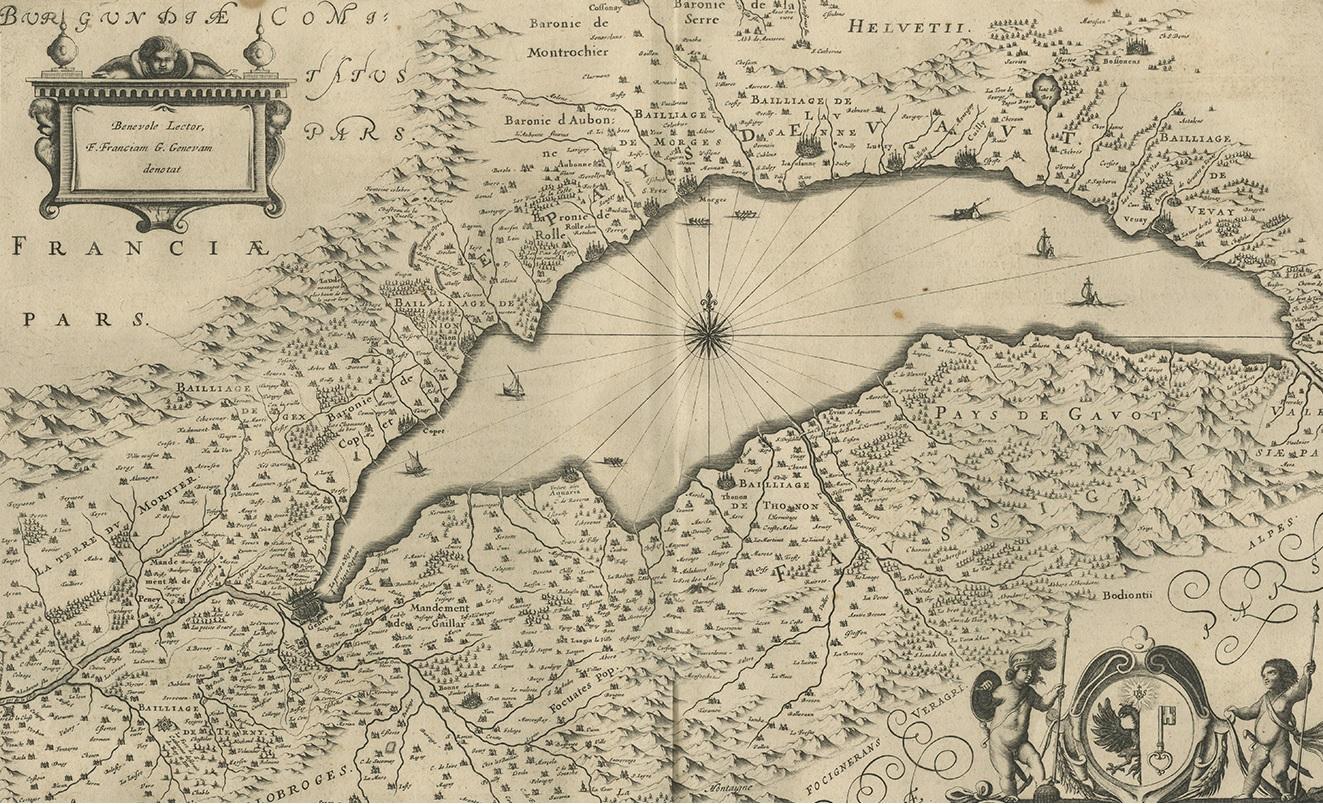 Antique Map of the Region of Lake Geneva by Janssonius, 1657 In Good Condition In Langweer, NL