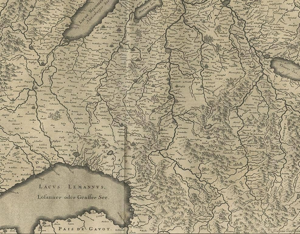 Antique Map of the Region of Lake Geneva by Janssonius '1657'