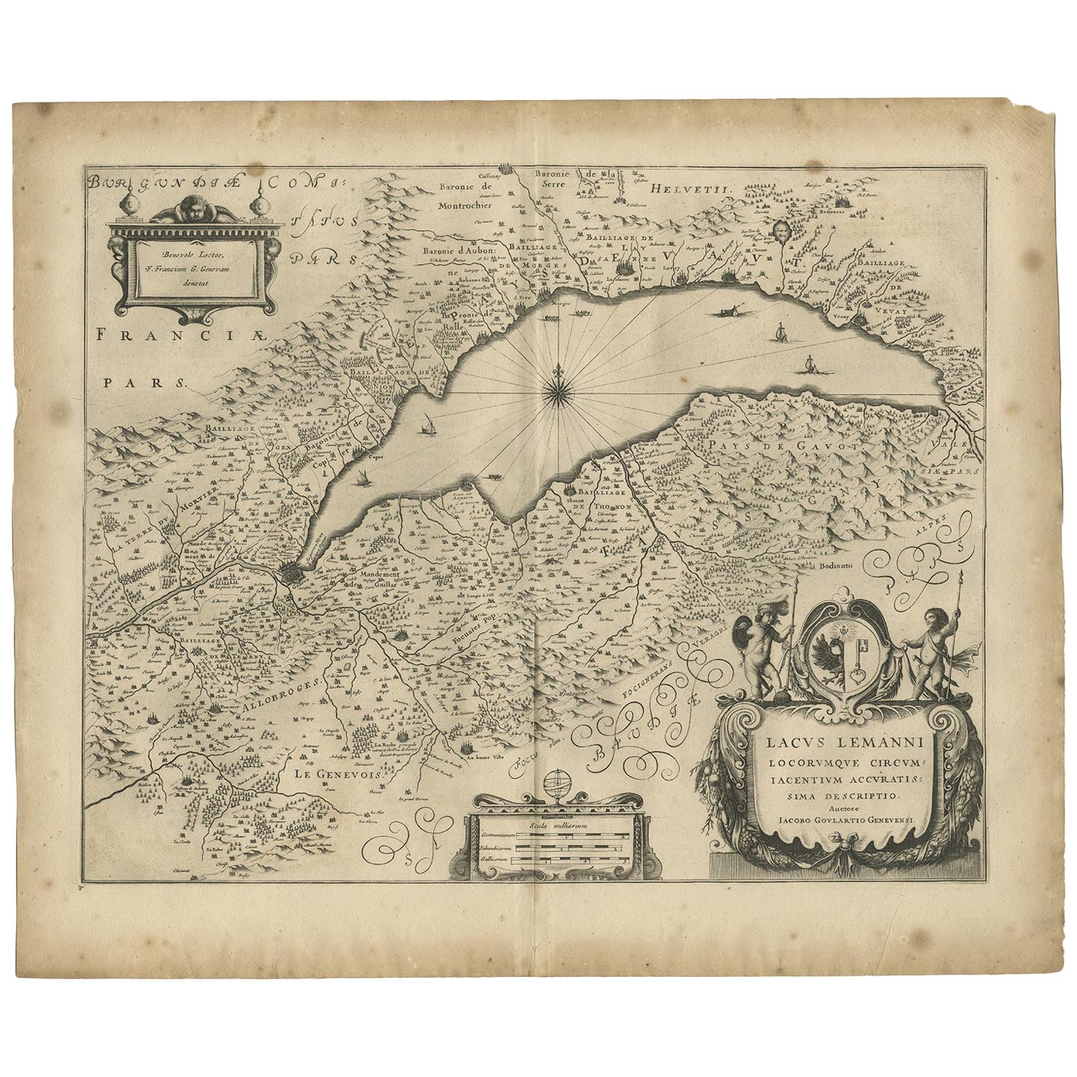 Antique Map of the Region of Lake Geneva by Janssonius, 1657