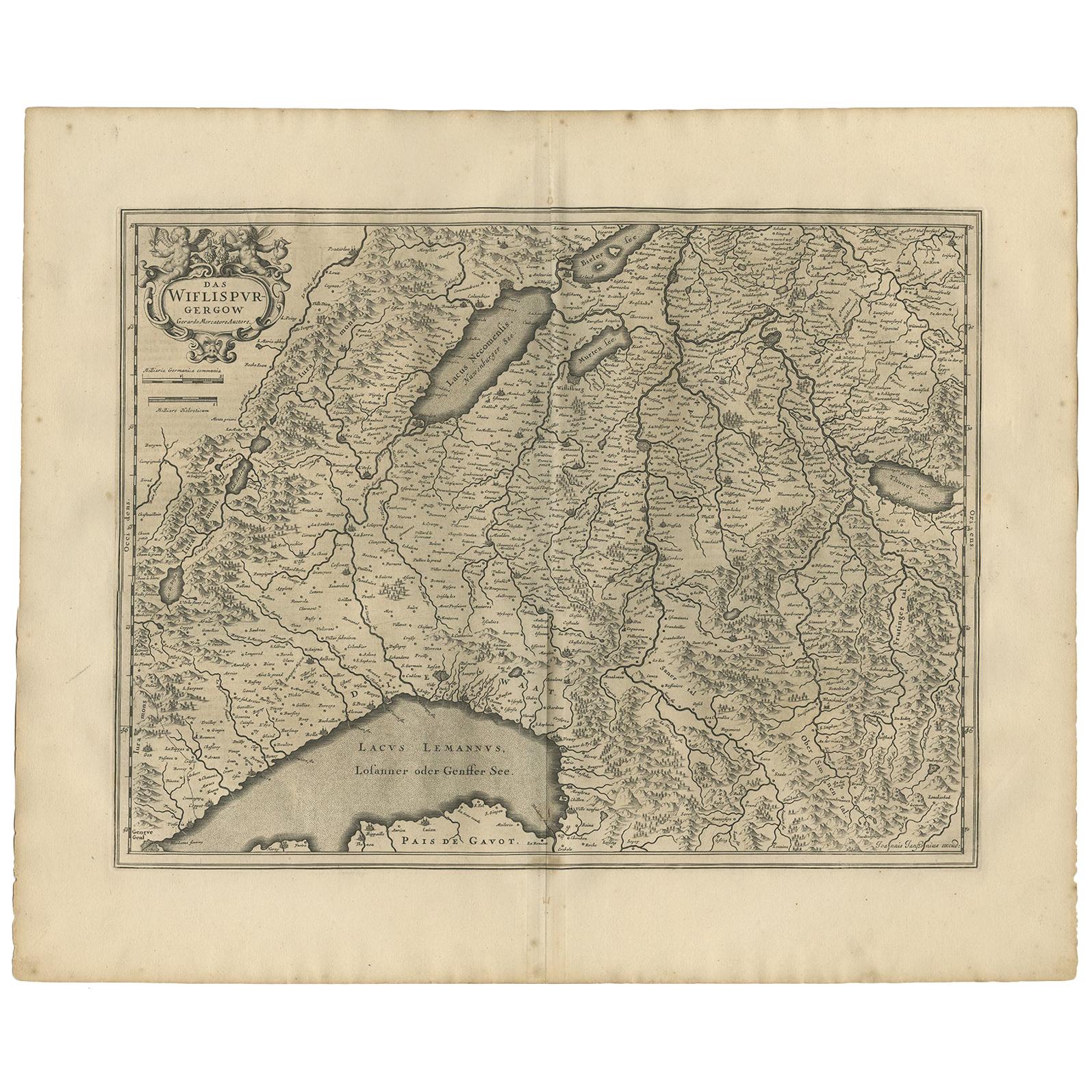 Antique Map of the Region of Lake Geneva by Janssonius '1657' For Sale