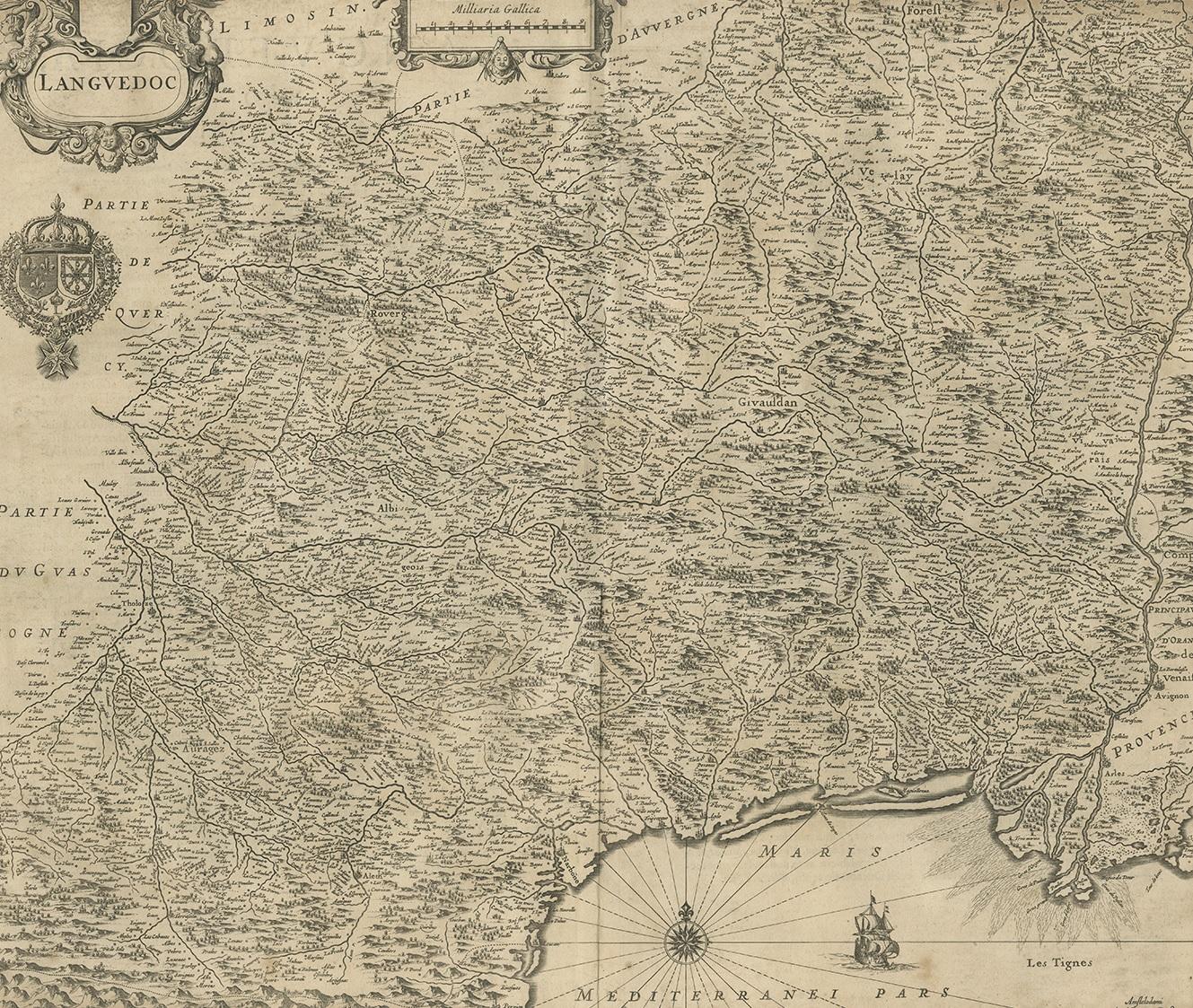 Antique map 'Languedoc'. Decorative map of the Languedoc region, France. This map originates from 'Atlas Novus, Sive Theatrum Orbis Orbis Terrarum: In quo Galliae, Helvetiae (..)' by J. Janssonius (1656-1657).