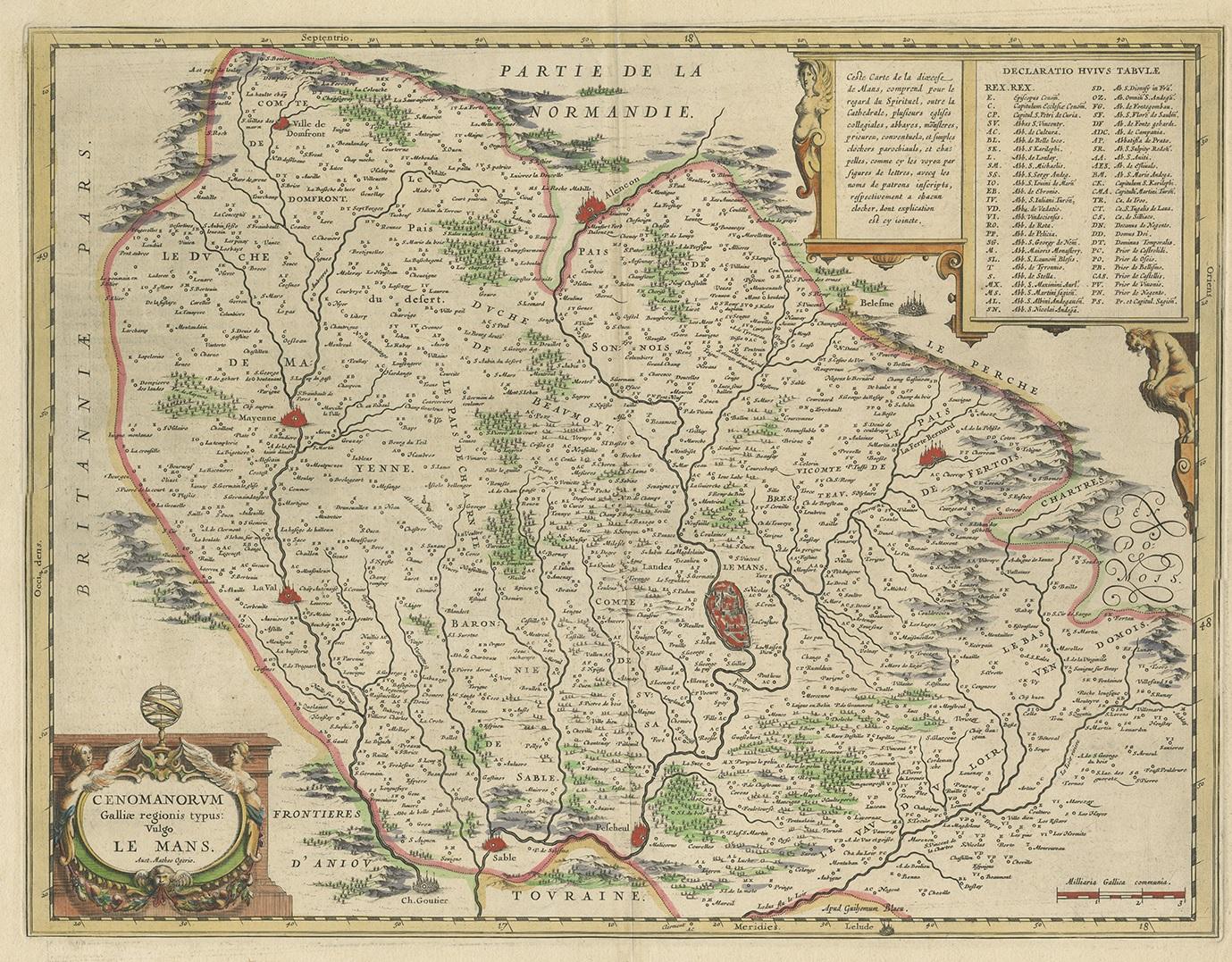 Antique map titled 'Cenomanorum Galliae regionis typus vulgo le Mans'. This lovely map of the historical province of Maine is centered on the famous city of Le Mans. This region witnessed frequent sieges and battles throughout history, as evidenced