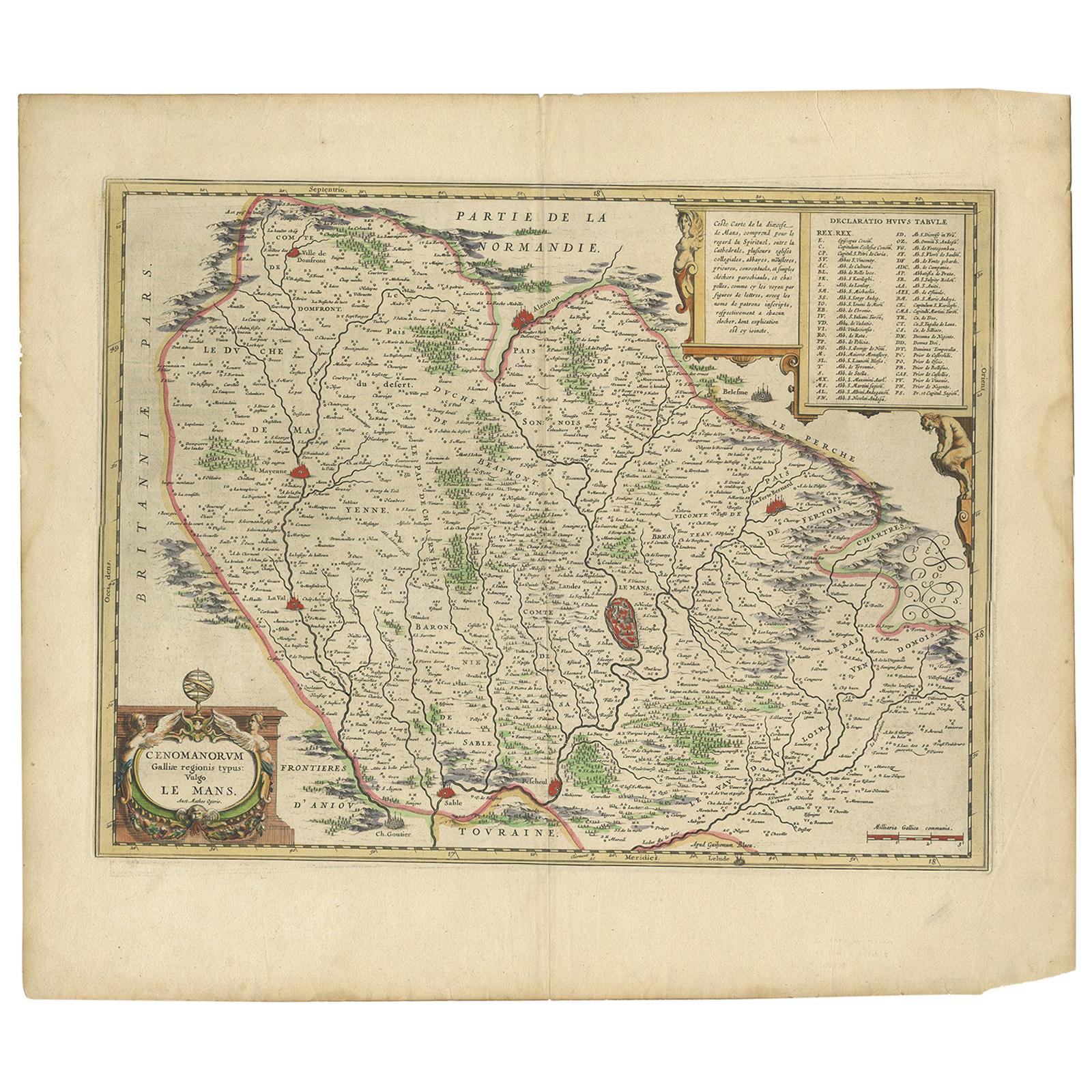 Antike Karte der Region von Le Mans 'Frankreich' von Blaeu, um 1640 im Angebot