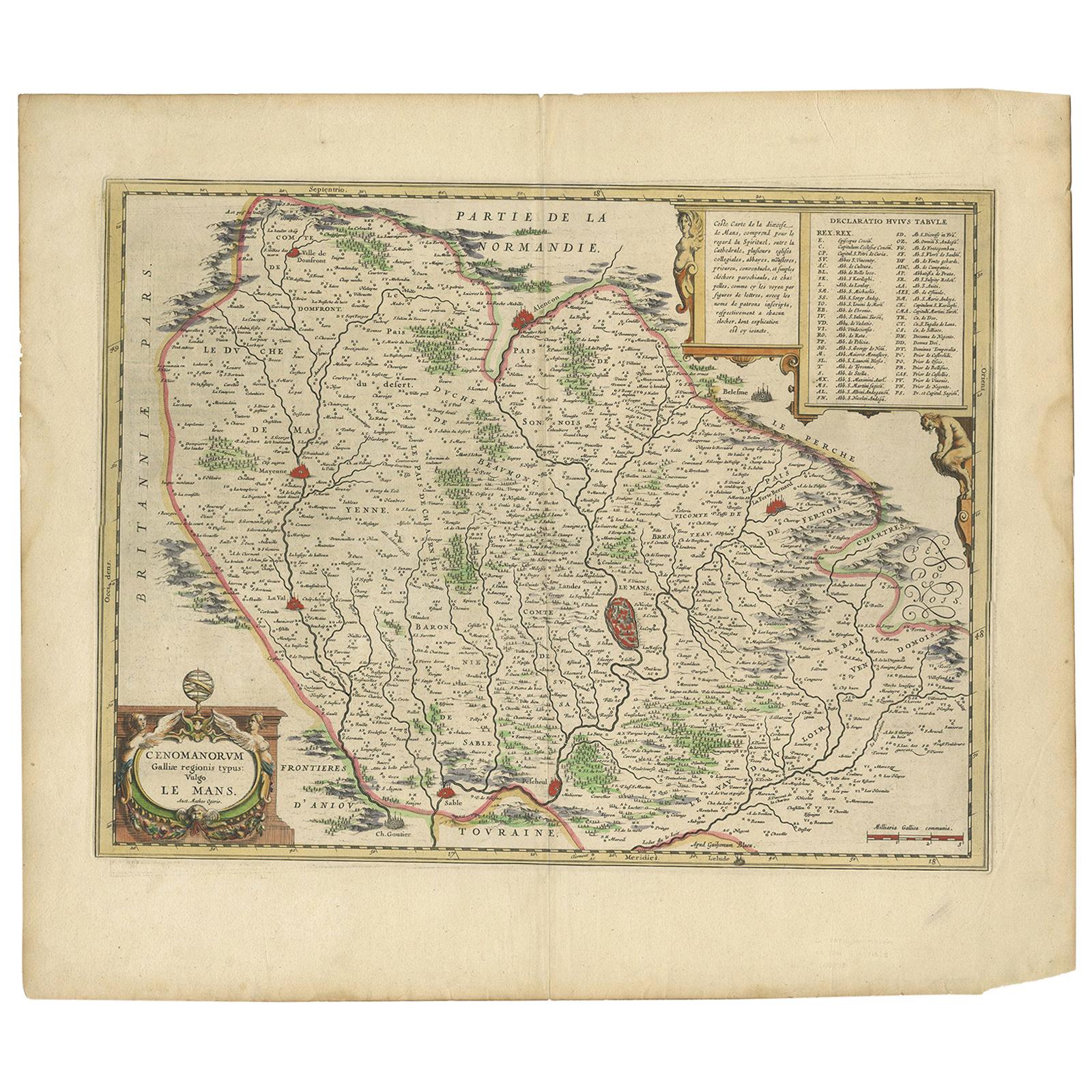 Antique Map of the Region of Le Mans 'France' by Blaeu, circa 1640 For Sale