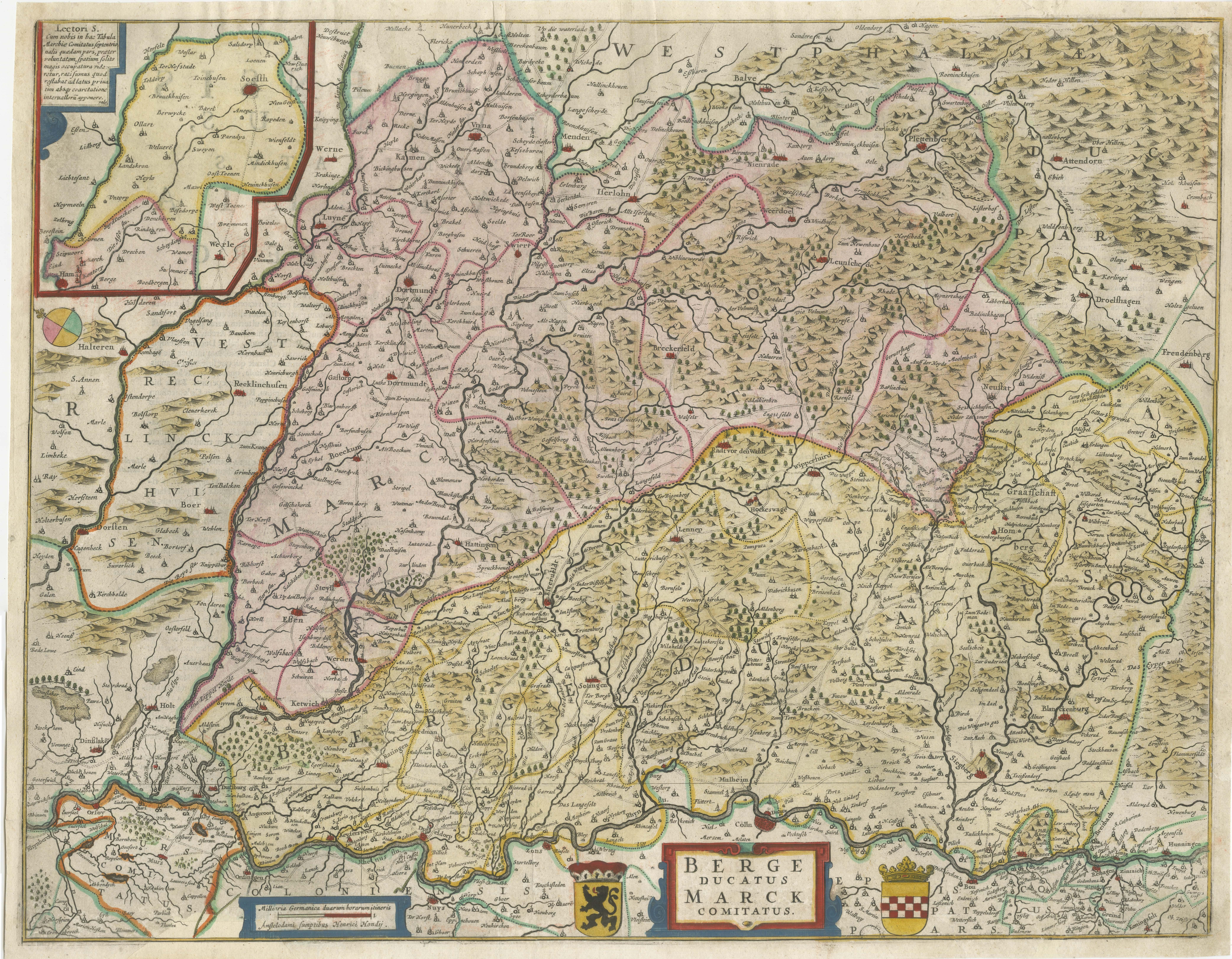 Antique map titled 'Berge Ducatus Marck Comitatus'. Original antique map of the region of Lennep, Blankenburg and Dortmund, Germany. Published by Hondius, circa 1644. 