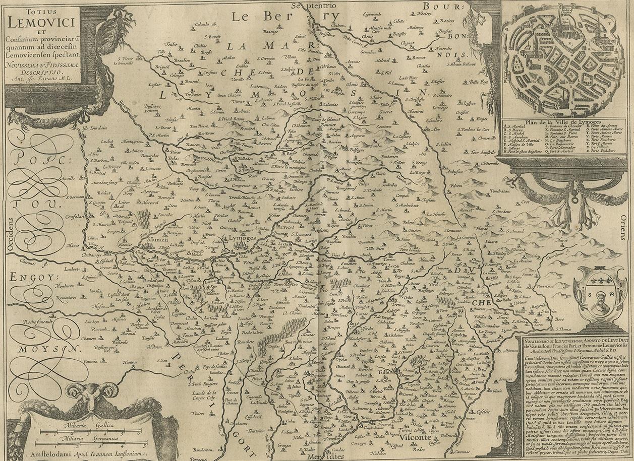 Antique map 'Totius Lemovici et consinium provinciaru quantum ad dioecesin Lemovicensen spectant'. Decorative map of the province of Limoge based on the important map of Antoin-Jean Fayen. Each corner is adorned with a decorative cartouche; the one
