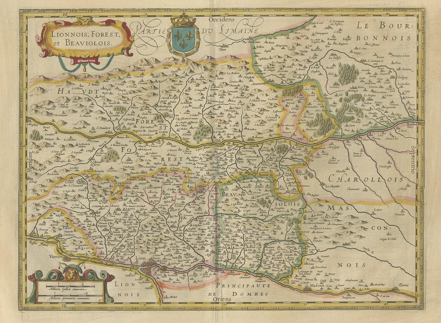 Antique map titled 'Lionnois, Forest et Beauiolois'. Old map of the former region of Lyon, Vienne, Bresse, Rohan and the Rhône River. This map originates from a composite atlas and most likely published by Hondius.