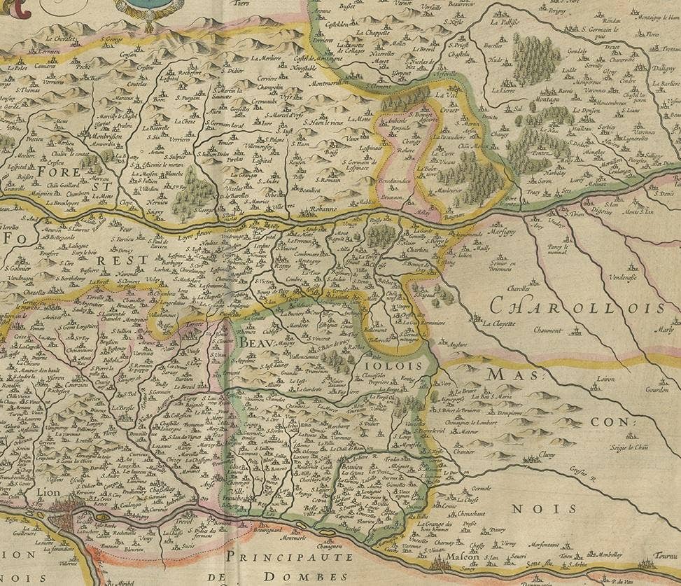 Antique Map of the Region of Lyon by Hondius, circa 1630