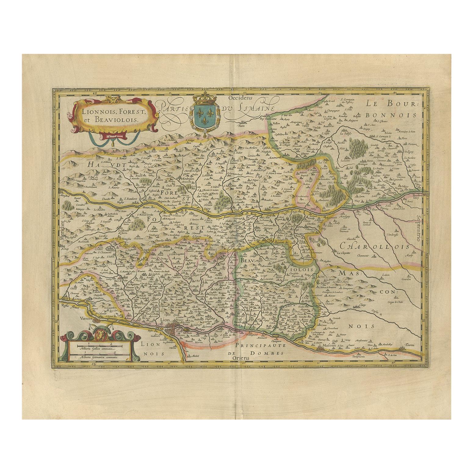 Antique Map of the Region of Lyon by Hondius, circa 1630