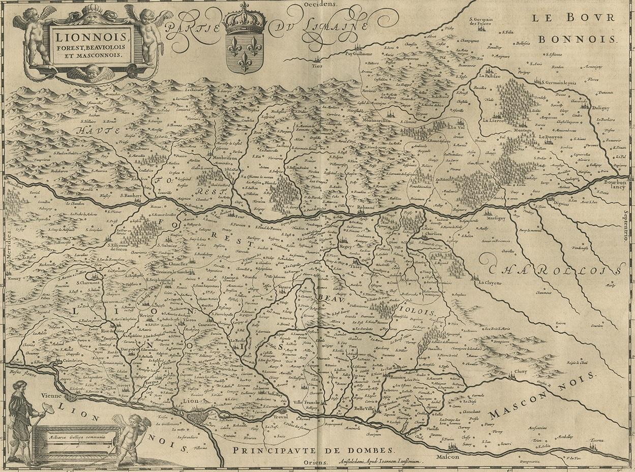 Antique map 'Lionnois, forest, beauviolois et masconnois'. Decorative map of the Lyonnais region, France. The Lyonnais is a historical province of France which owes its name to the city of Lyon. This map originates from 'Atlas Novus, Sive Theatrum