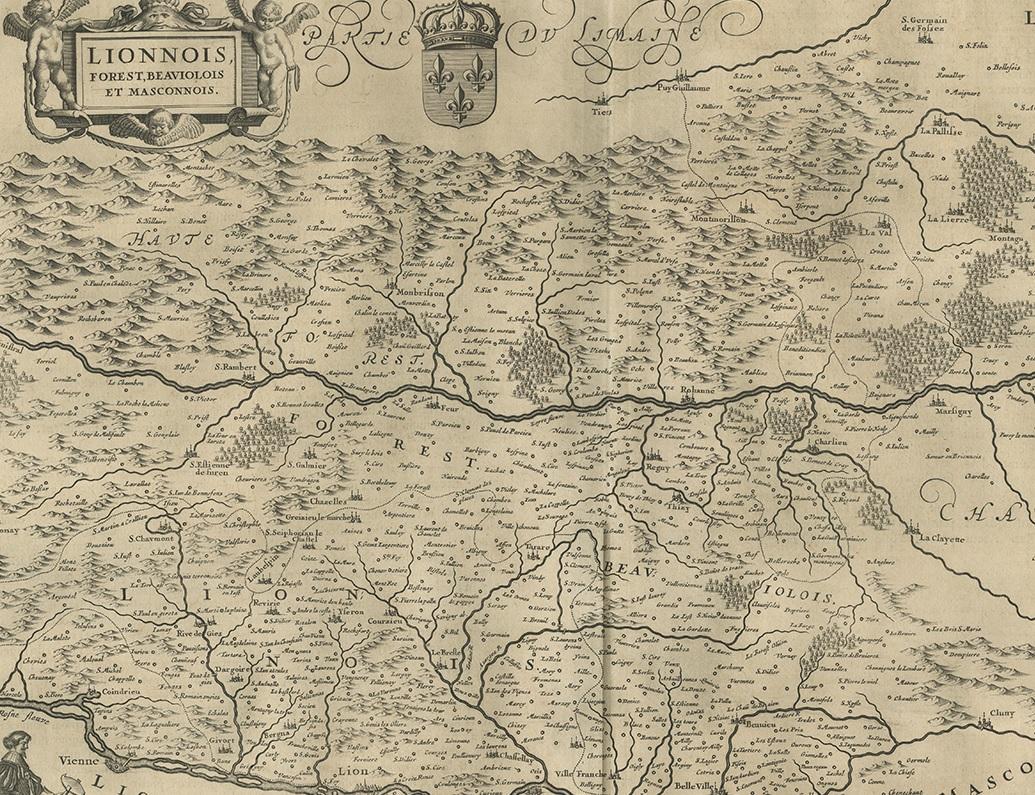 Antique Map of the Region of Lyonnais by Janssonius, '1657' In Good Condition For Sale In Langweer, NL