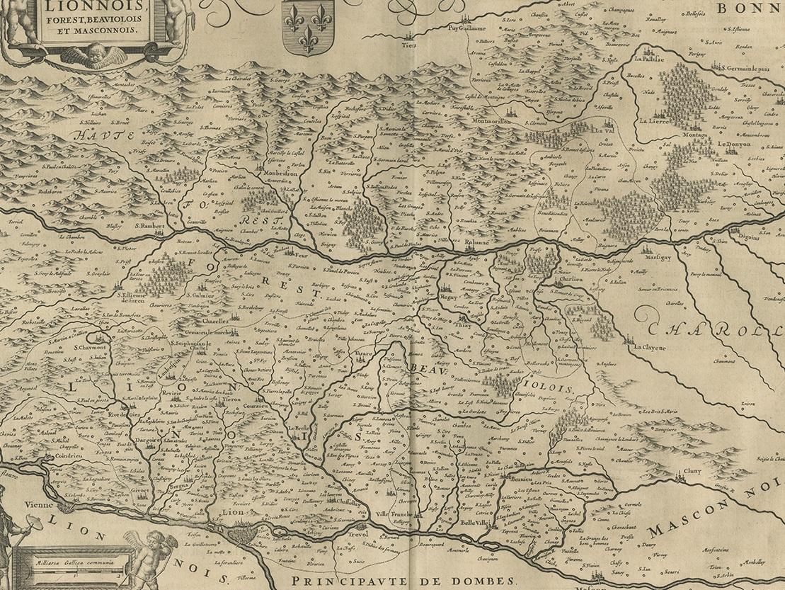 17th Century Antique Map of the Region of Lyonnais by Janssonius, '1657' For Sale