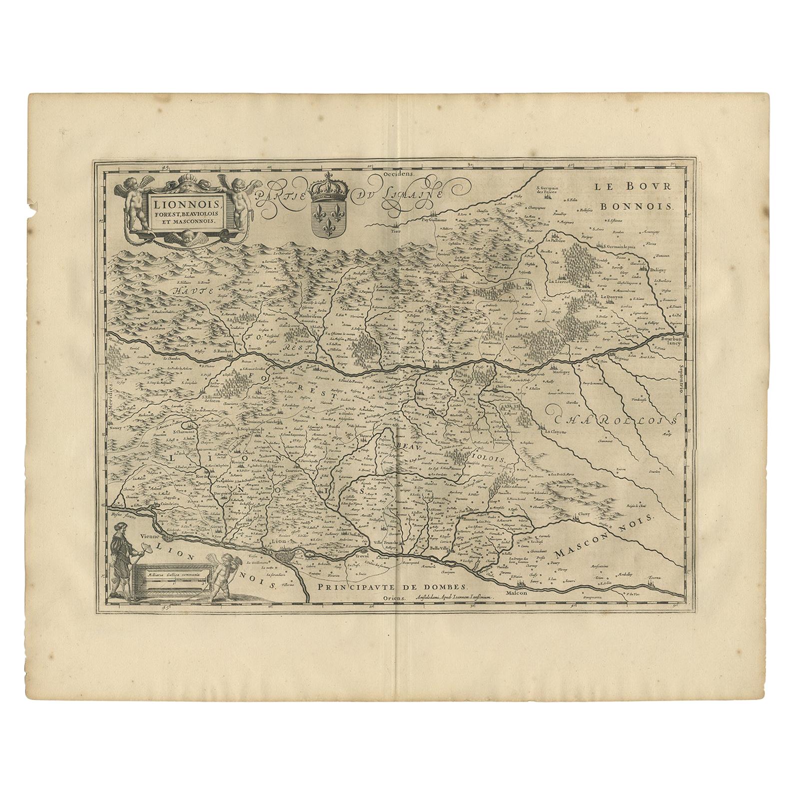 Antique Map of the Region of Lyonnais by Janssonius, '1657' For Sale