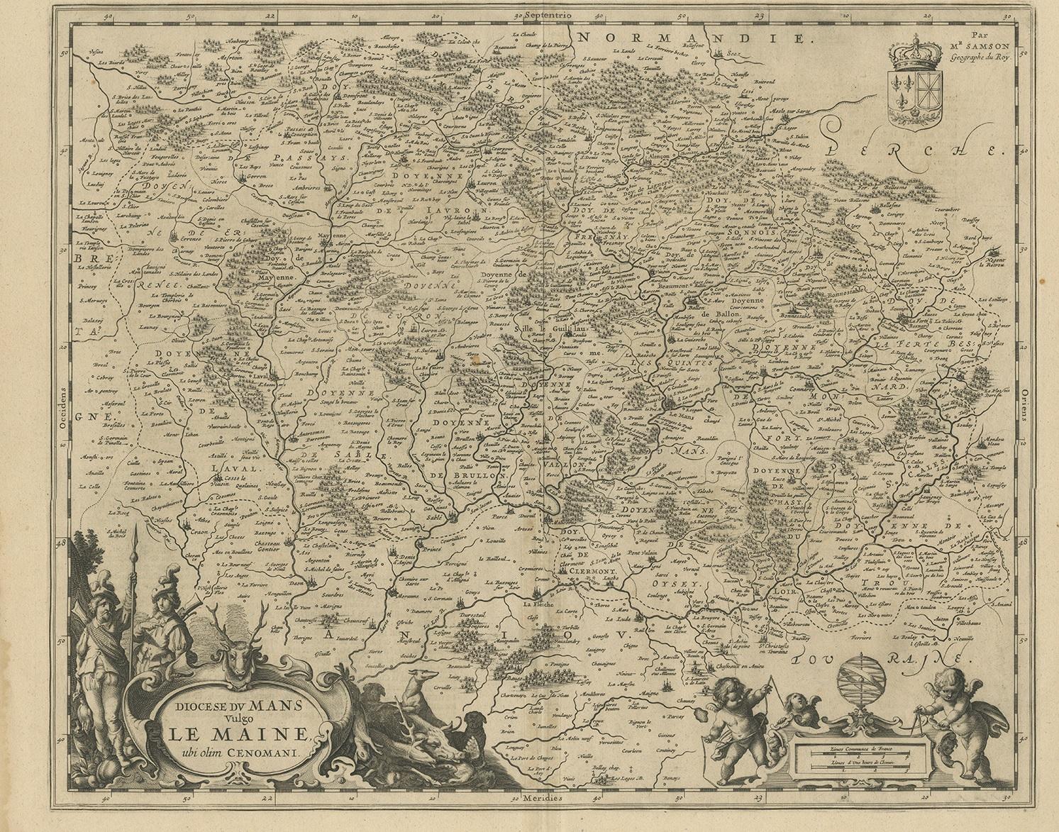 Antike Karte von Frankreich mit dem Titel 'Diocese du Mans vulgo le Mains'. Dekorative Karte der Region von Maine, Frankreich. Herausgegeben von J. Janssonius.