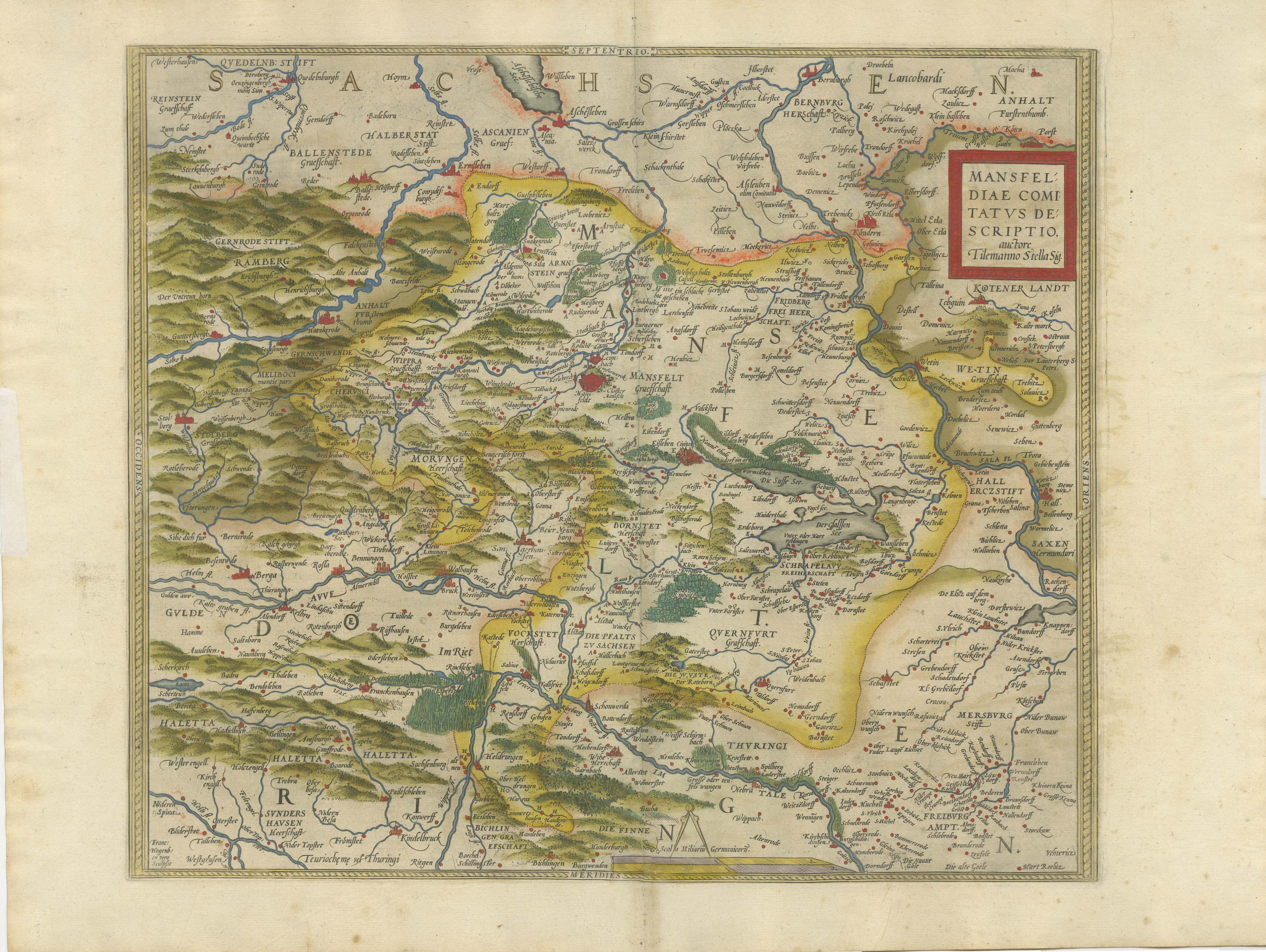 Antique map titled 'Mansfeldiae Comitatus Descriptio'. Original antique map of the region of Mansfeld, Saxony-Anhalt, Germany. Shows the area between Halle a. d. Saale, Aschersleben, Walkenried and Heldrungen with Mansfeld in the centre. From the