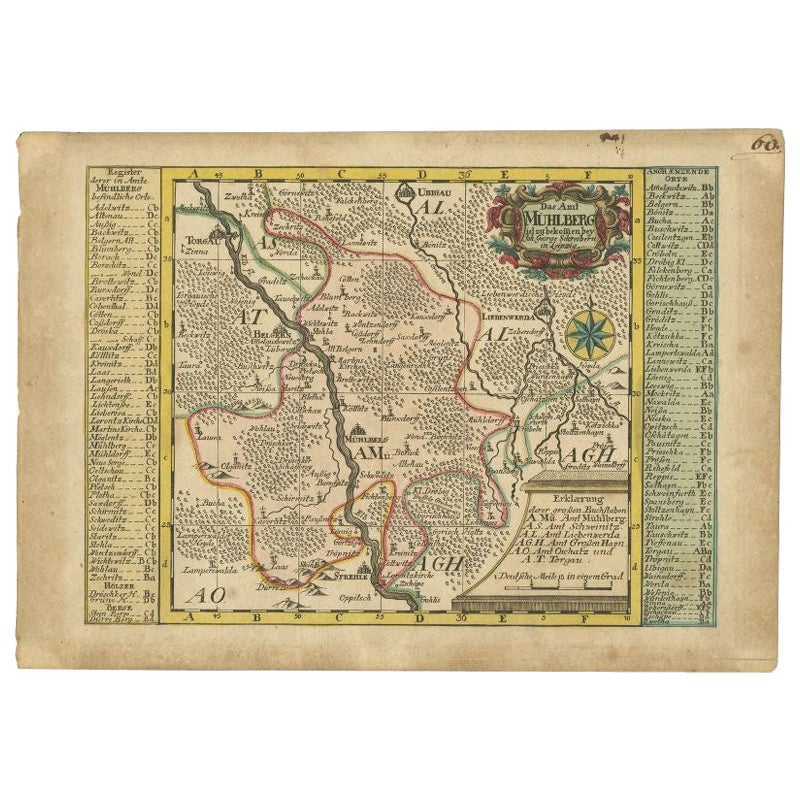 Antique Map of the Region of Mühlberg by Schreiber, 1749