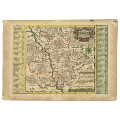 Antique Map of the Region of Mühlberg by Schreiber, 1749