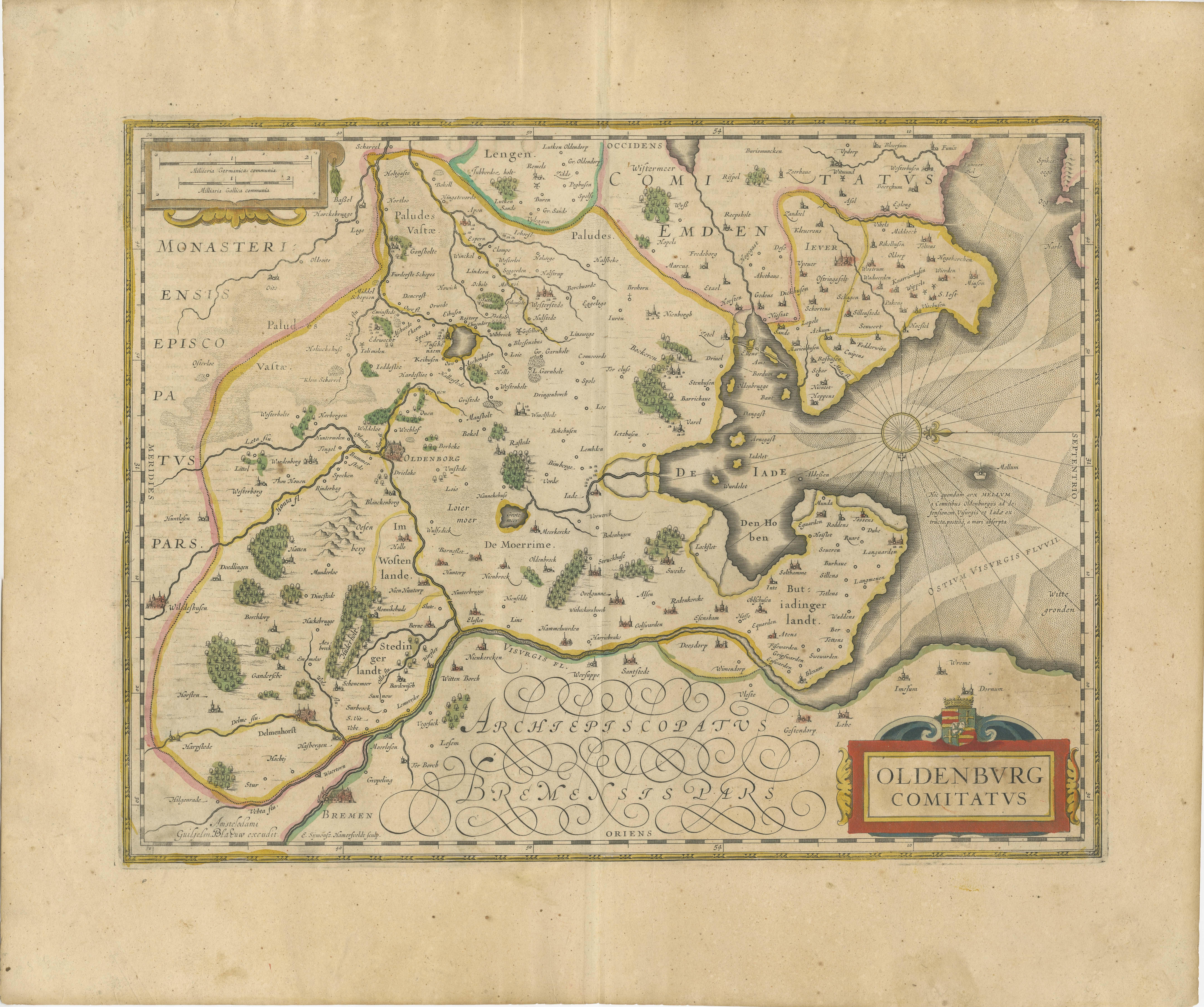Antike Karte mit dem Titel 'Oldenburg Comitatus'. Detaillierte alte Karte von Oldenburg, Deutschland. Die Karte zeigt auch Bremen und die Jadebucht. Herausgegeben von W. Blaeu, um 1640. Willem Jansz. Blaeu und sein Sohn Joan Blaeu sind die