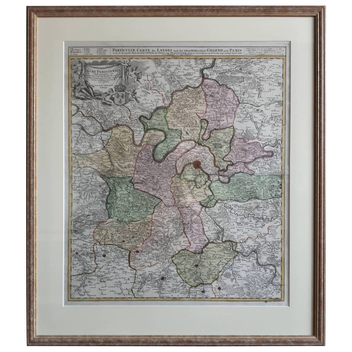 Antique Map in Frame of the Region of Paris ‘France’ by H. Heirs, circa 1720