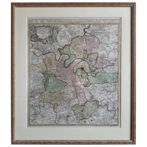 Antique Map in Frame of the Region of Paris ‘France’ by H. Heirs, circa 1720