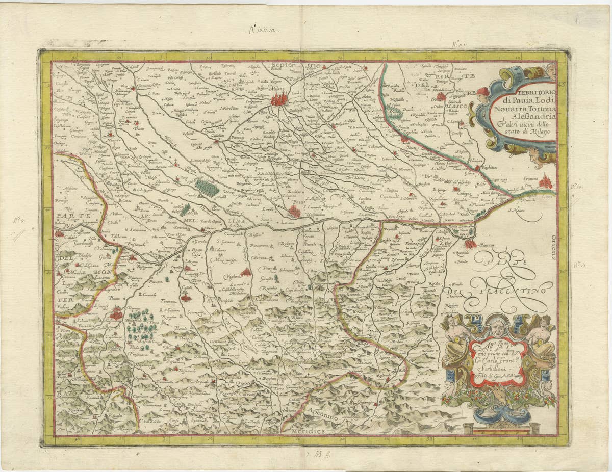 Antique Map of the Region of Pavia, Lodi, Novara, Tortona & Alessandria, Italy