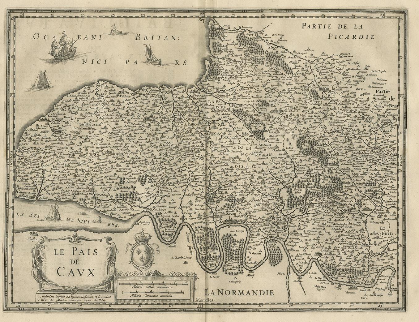 Antique map 'Le Pais de Caux'. Decorative map of the region of Pays de Caux, France. This map originates from 'Atlas Novus, Sive Theatrum Orbis Orbis Terrarum: In quo Galliae, Helvetiae (..)' by J. Janssonius (1656-1657).