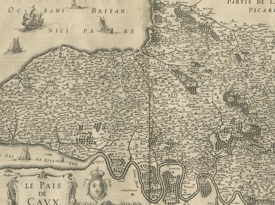 Antike Karte der Region des Pays de Caux von Janssonius:: 1657 im Zustand „Gut“ im Angebot in Langweer, NL