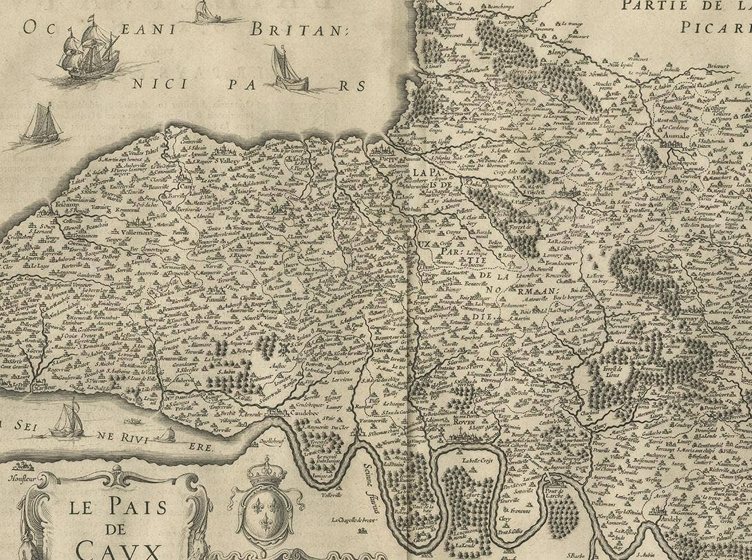 Antique Map of the Region of Pays de Caux by Janssonius, 1657
