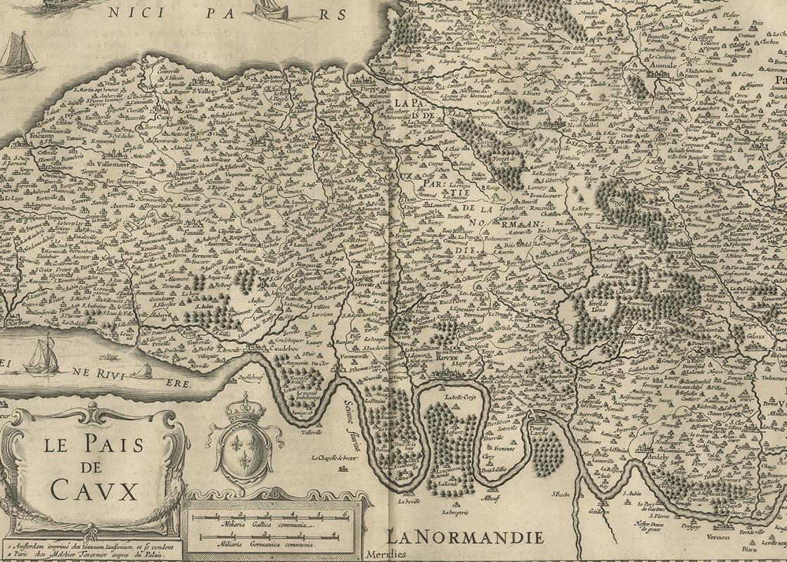 17th Century Antique Map of the Region of Pays de Caux by Janssonius, 1657 For Sale