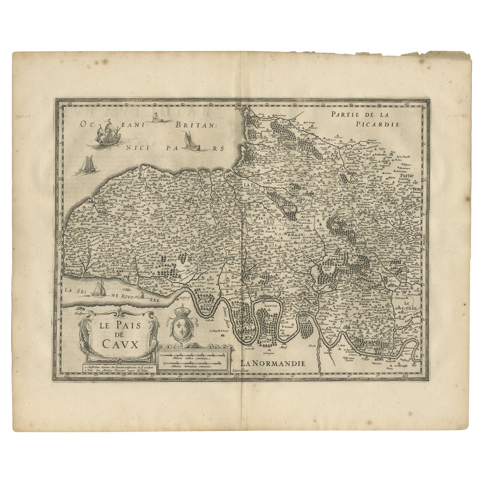 Antike Karte der Region des Pays de Caux von Janssonius:: 1657