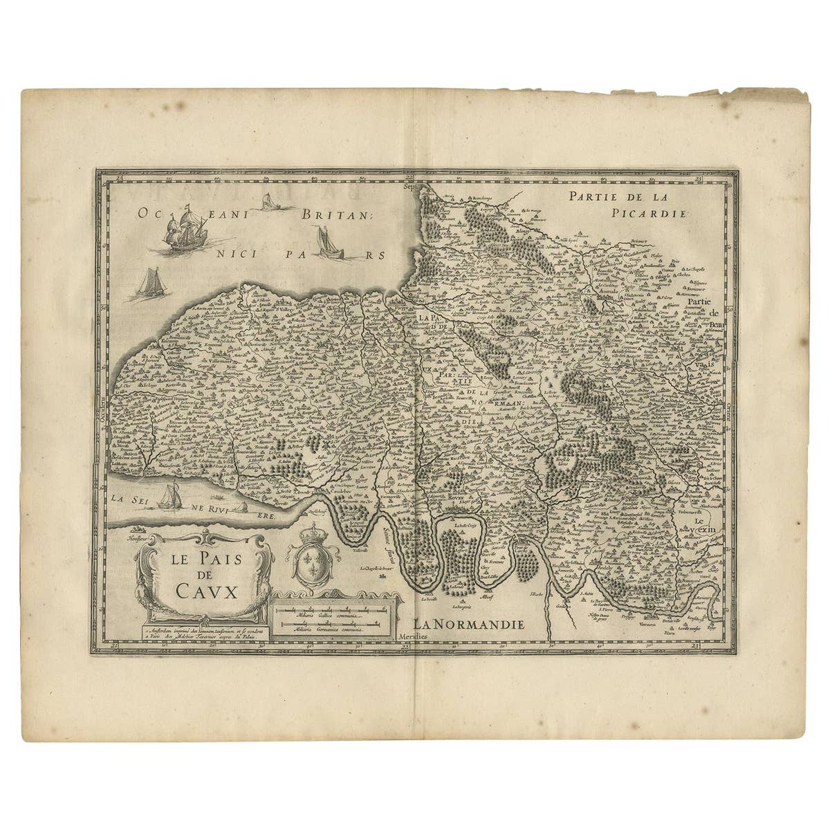Antique Map of the Region of Pays de Caux by Janssonius, 1657