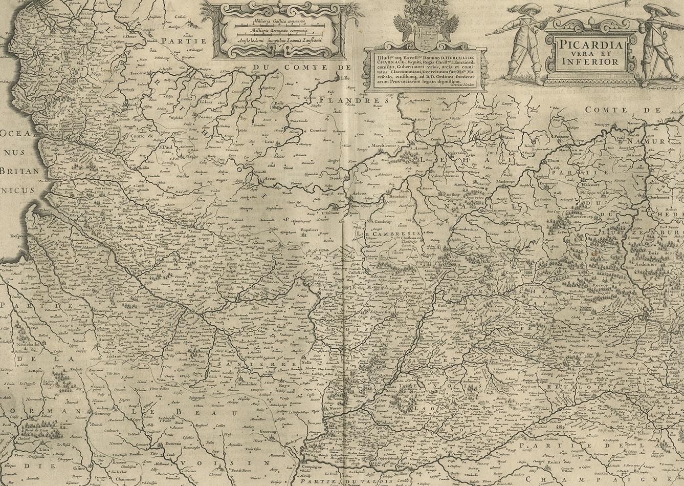 Antique map of France titled 'Picardia vera et inferior'. Detailed map of the Picardy region of France. This map originates from 'Atlas Novus, Sive Theatrum Orbis Orbis Terrarum: In quo Galliae, Helvetiae (..)' by J. Janssonius (1656-1657).