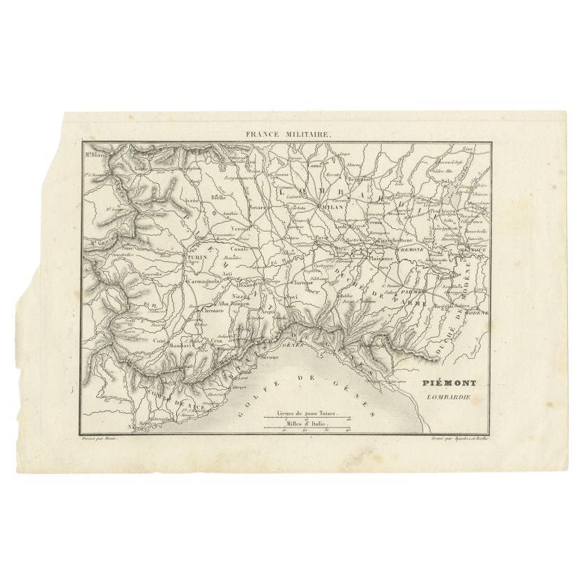 Antique map titled 'Piémont, Lombardie'. Map of the region of Piedmont, a region in northwest Italy. This print originates from 'France Militaire', published circa 1835. 
 
Artists and Engravers: Engraved by Berthe & Ramboz.
 
Condition: