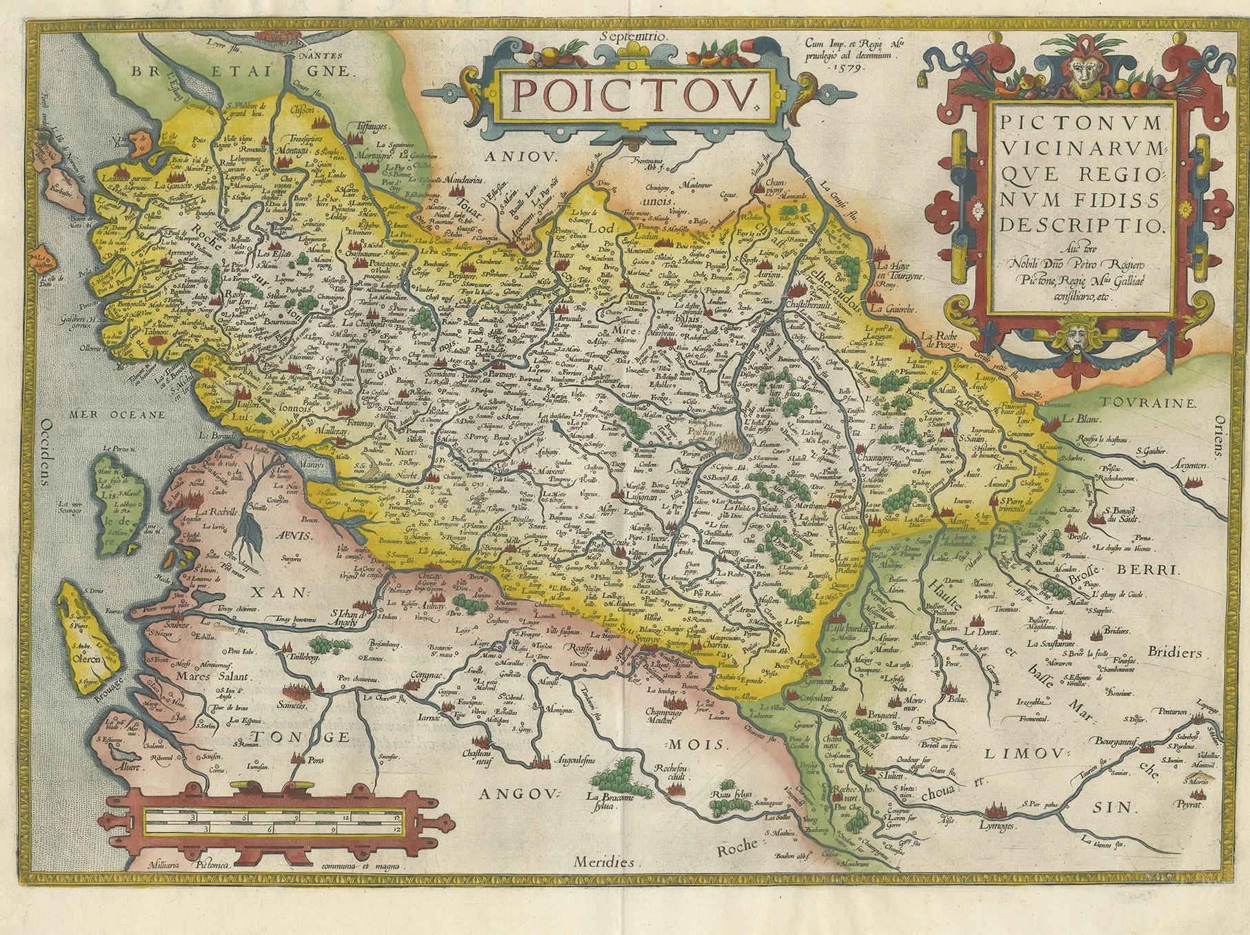 Antique map titled 'Poictou'. Original antique map of the region of Poitou, a former province of west-central France whose capital city was Poitiers. Published by A. Ortelius, circa 1600.