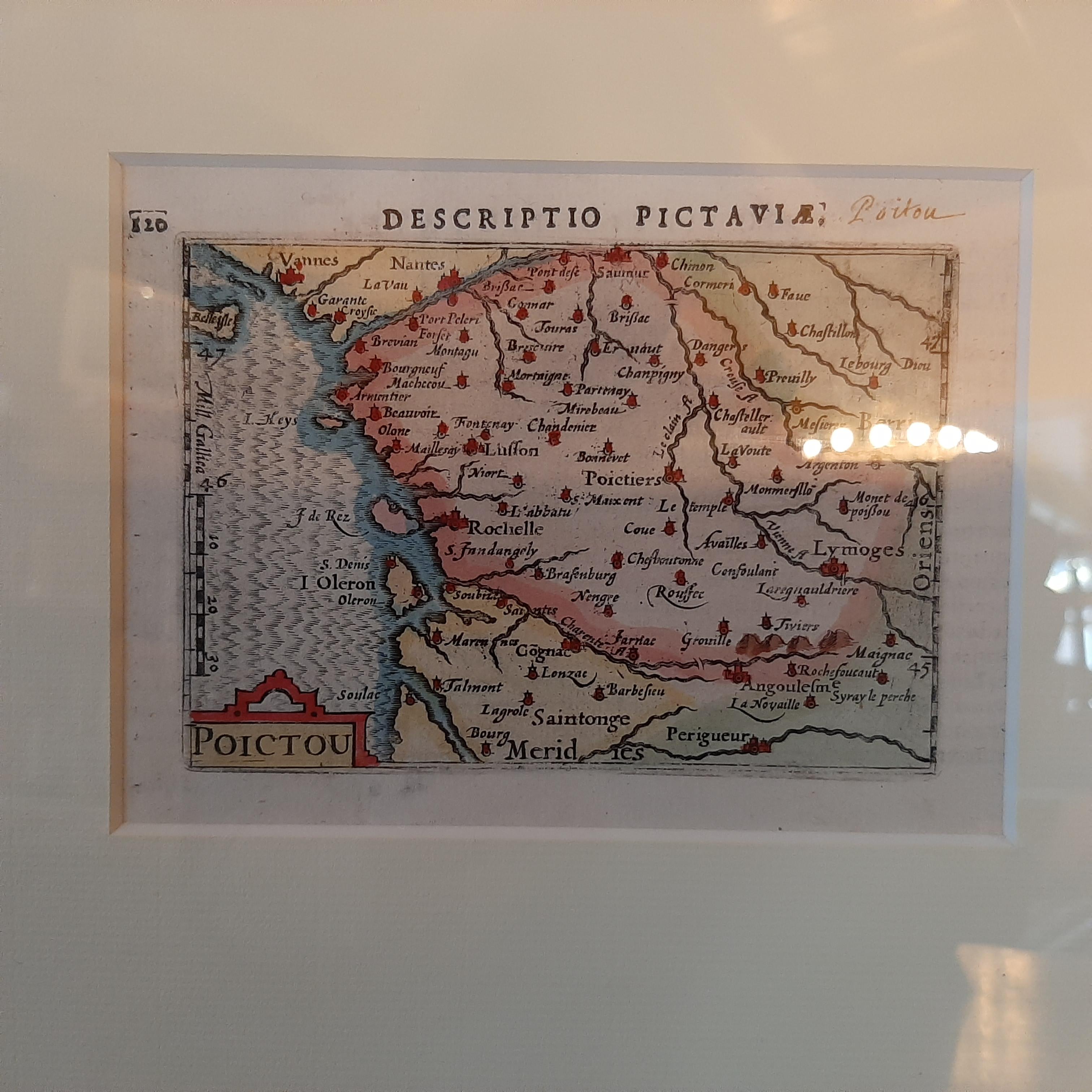 Antique map titled 'Poictou'. Miniature map of the region of Poitou, France. Published by Pieter Bertius, circa 1600. 

Frame included. We carefully pack our framed items to ensure safe shipping.