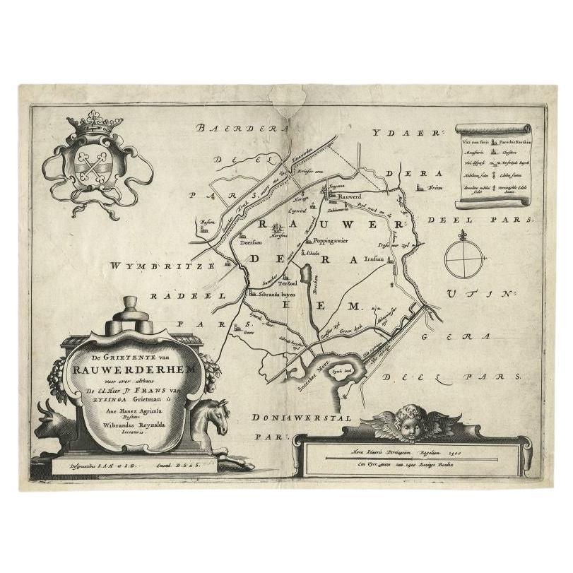 Antique Map of the Region of Rauwerderhem, Friesland, The Netherlands, '1664' For Sale