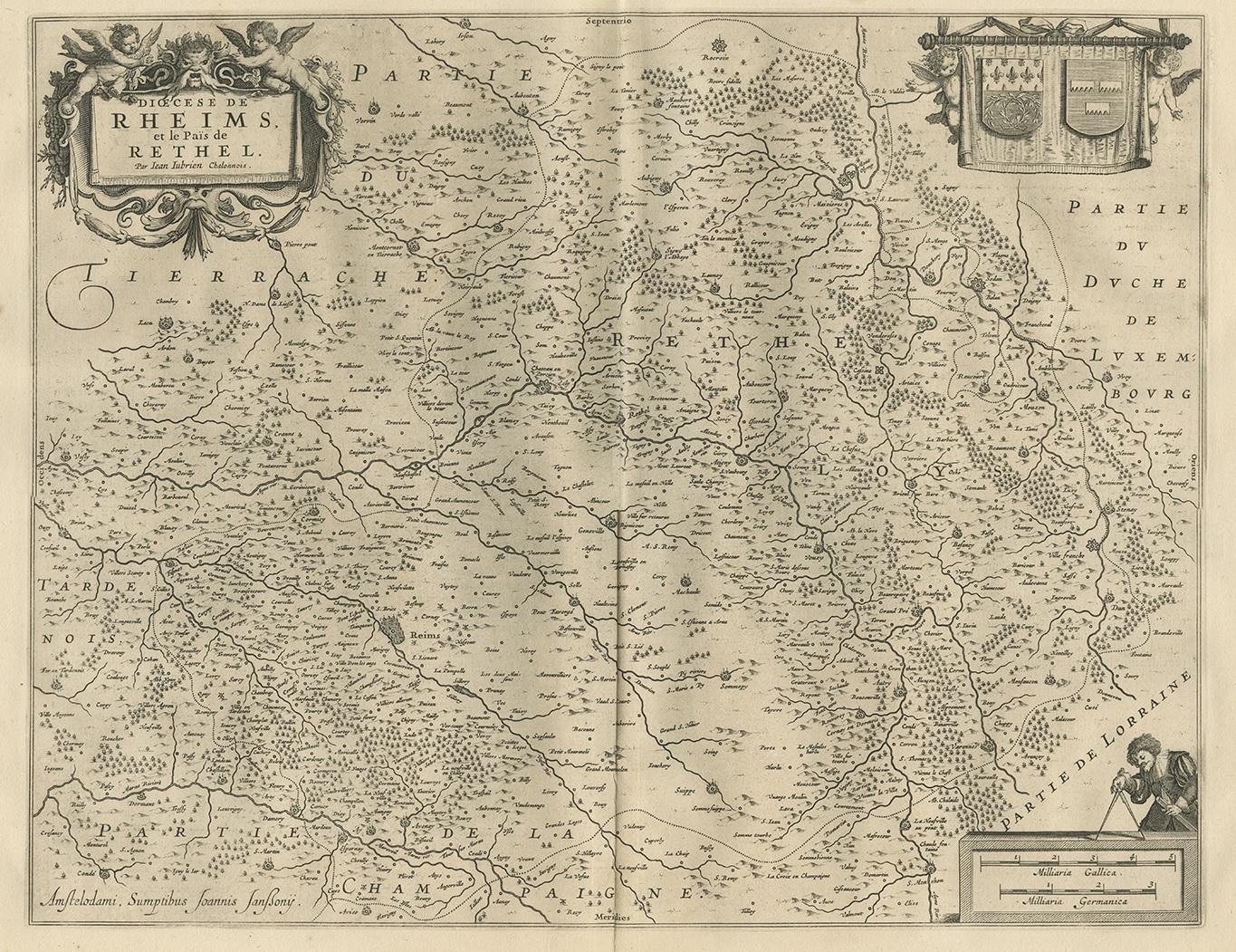 Antique map of France titled 'Dioecese de Rheims et le Païs de Rethel'. Detailed map, centered on the River Ayne and the River Velle and sowing Reims, Chalons, Sedan, Charleville, as well parts of Champagne and Brie. The Marne River is in the South